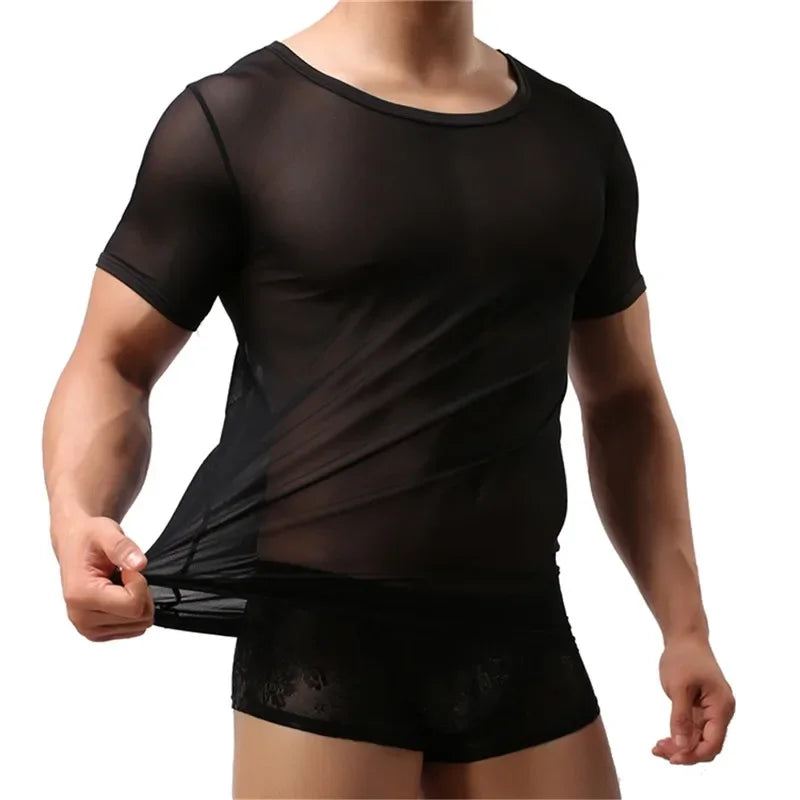 Sexy Men Undershirts Transparent Sheer Short Sleeve T Shirt Sports Fitness