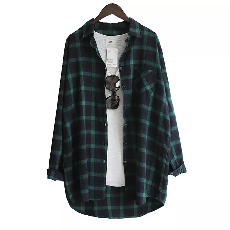 Women Blouse Shirt Loose Casual Plaid Shirts Long Sleeve Large Size