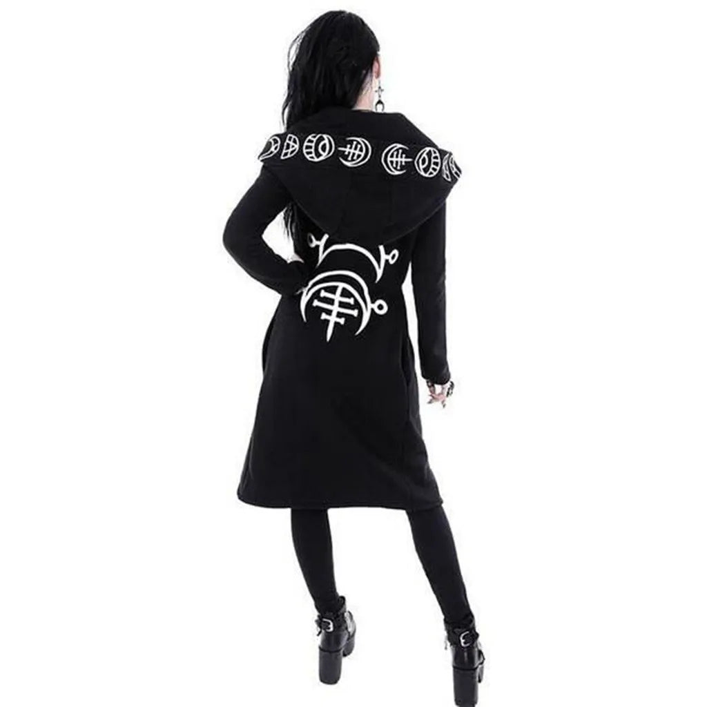 Gothic Punk Black Long Women Hoodies Sweatshirts Moon Print Long Sleeve Hoodie