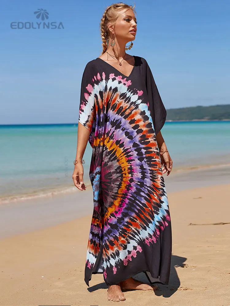 2023 Multicolored Kaftan Bohemian Printed V-Neck Batwing