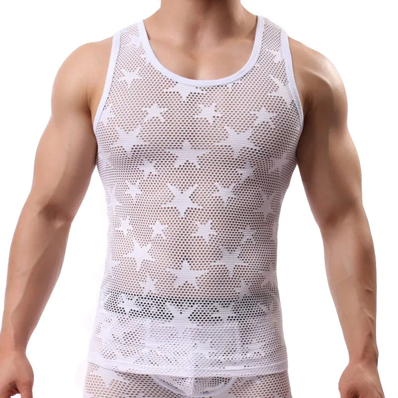 Men's Shirt Tank Top Gym Clothing Bodybuilding Mesh See Through Fitness Shirt