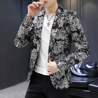 Men Blazer Suit Printed Slim Lapel Collar Casual Mens Suit Thin