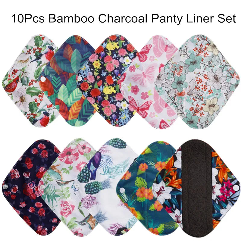 10PCS Reusable Pads Bamboo Charcoal Sanitary Pads Washable Panty Liner Pads