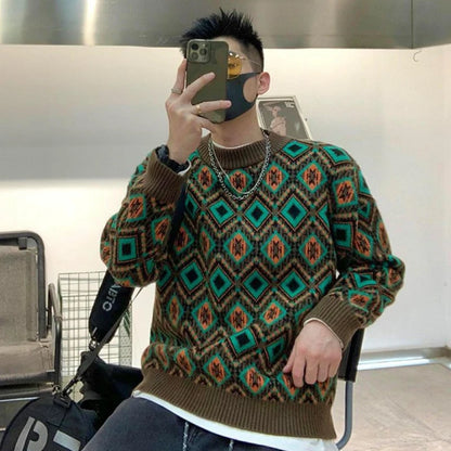 Man Clothes Graphic Crewneck Knitted Sweaters for Men Round Collar Argyle