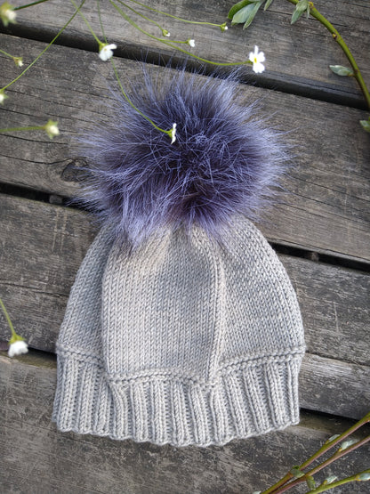 Gray Knitted Hat With Pompom