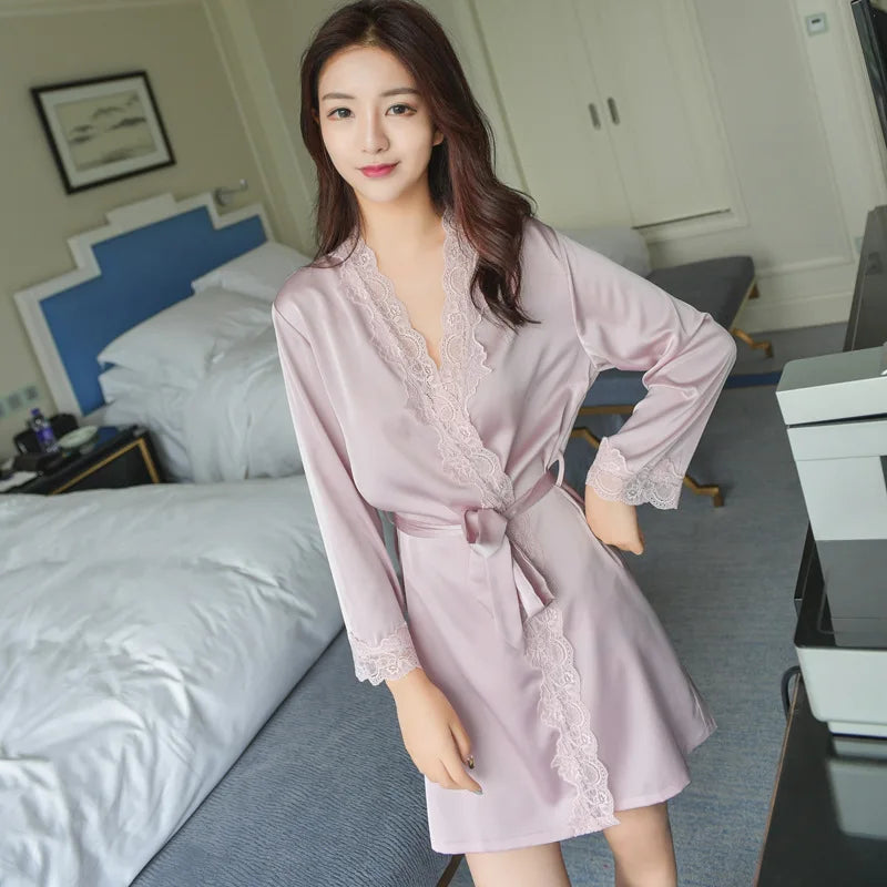 1620 Women's Satin Silk Woman Lace Robe Female Lace Bathrobe Womens Robes