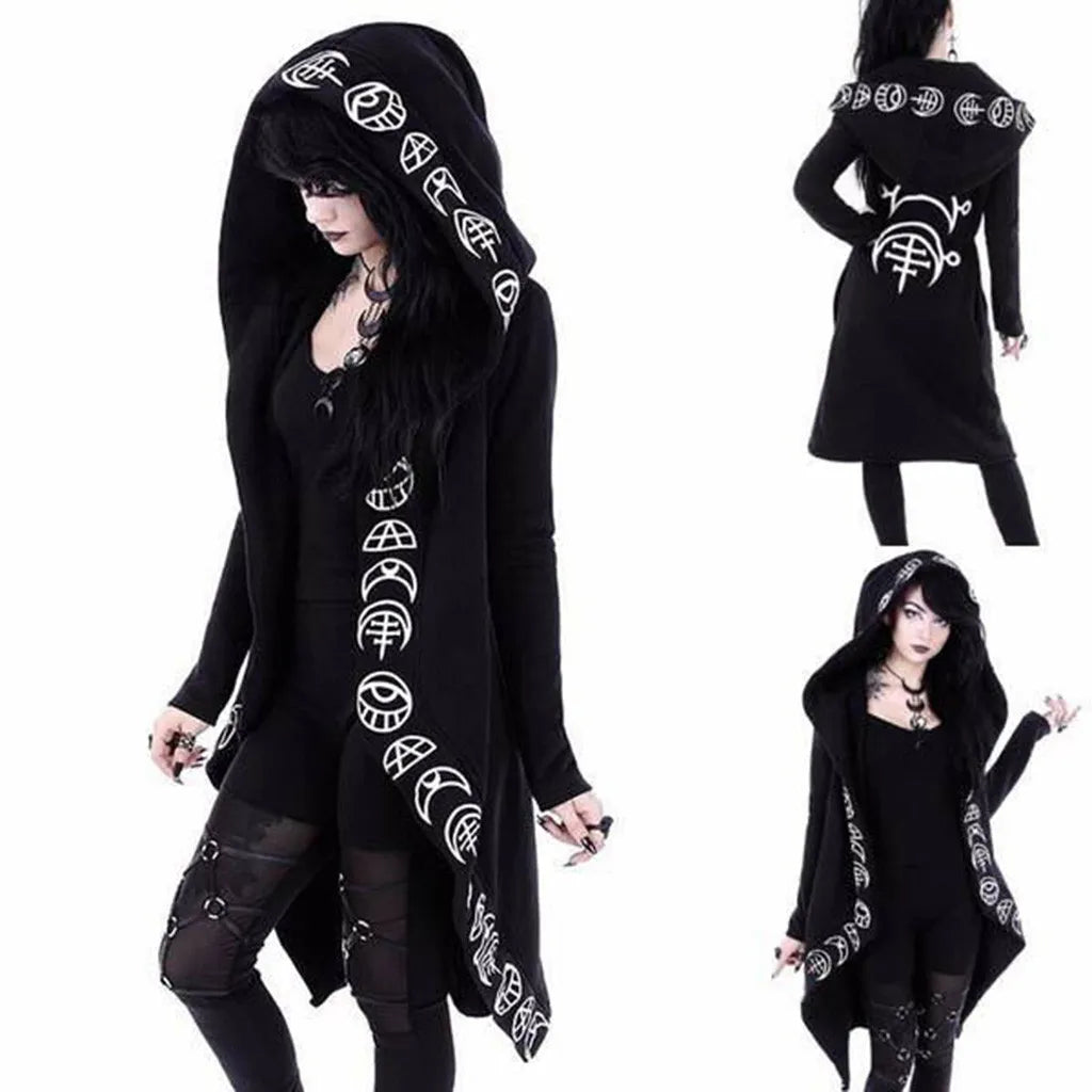 Gothic Punk Black Long Women Hoodies Sweatshirts Moon Print Long Sleeve Hoodie