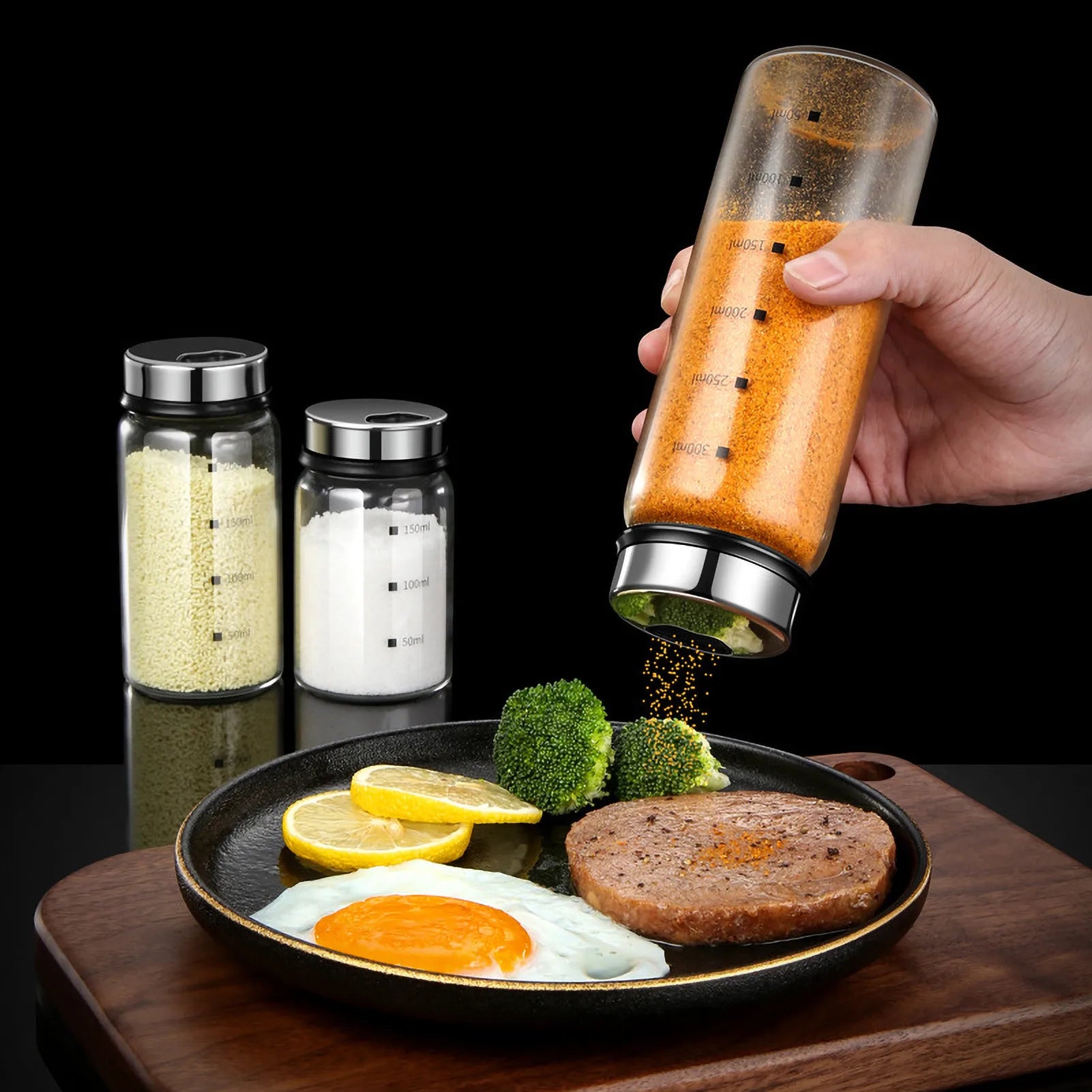 Glass Spice Jar Stainless Steel Lid Condiment Pot Seasoning Bottle