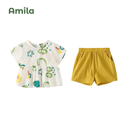 Amila Kids' 2023 Summer New  Baby Girls`Suit Cotton Light Shorts