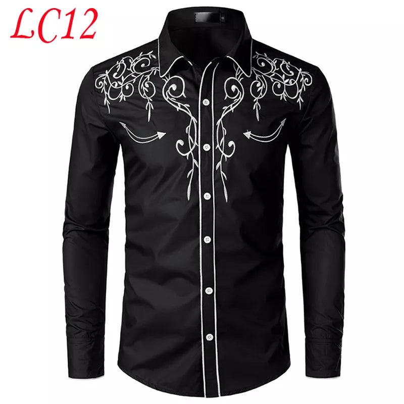 Stylish Western Cowboy Shirt Men Brand Design Embroidery Slim Fit