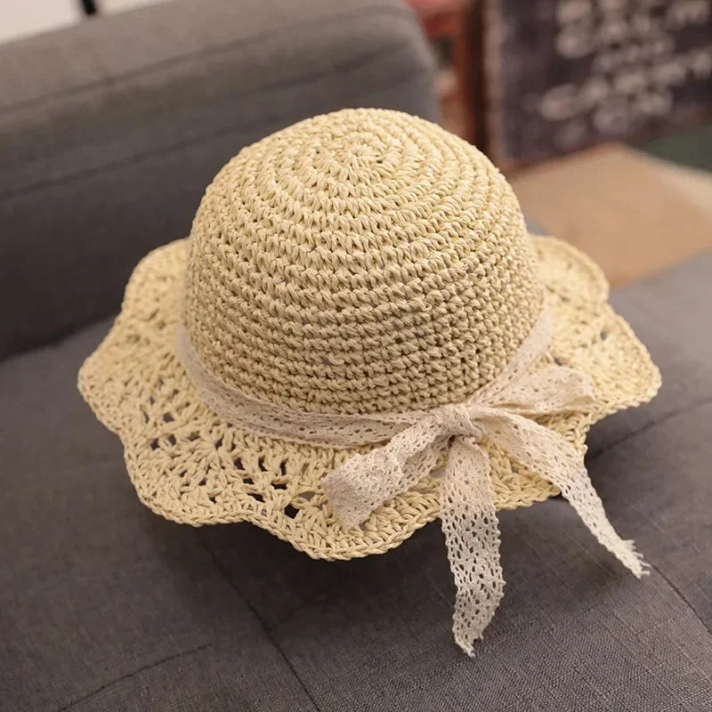 Fashion Lace Baby Hat Summer Straw Bow Baby Girl Cap Beach Children