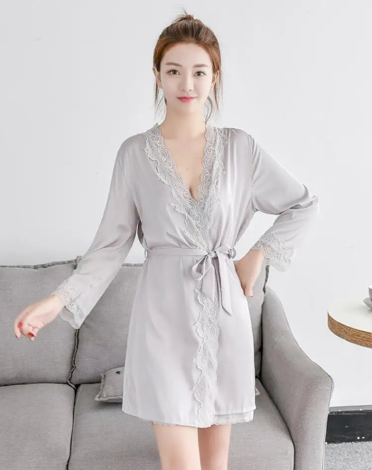 1620 Women's Satin Silk Woman Lace Robe Female Lace Bathrobe Womens Robes