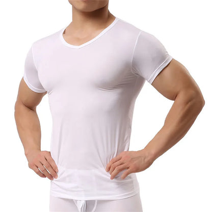 Man Undershirt Ice Silk Spandex Sheer T Shirts Male Nylon V-Neck Short Sleeves