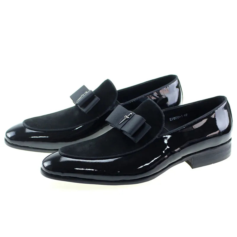 Handmade Mens Loafer Shoes Genuine Patent Leather Suede Patchwork With Bow