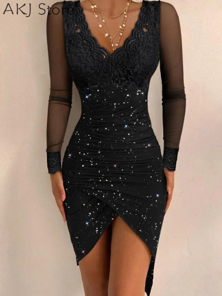 Women V-Neck Lace Long Sleeve Ruched Glitter Party Bodycon