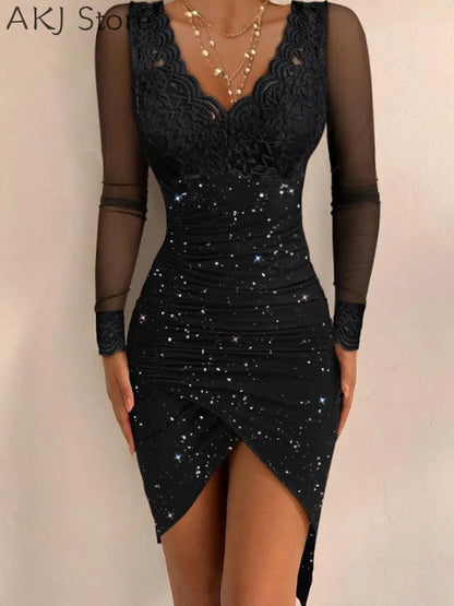 Women V-Neck Lace Long Sleeve Ruched Glitter Party Bodycon