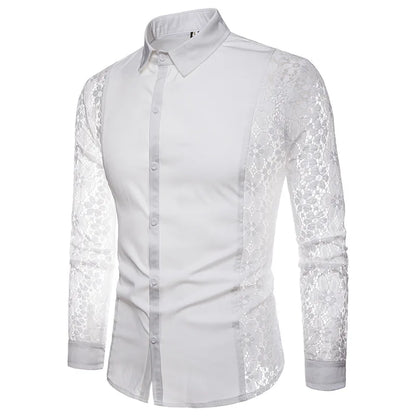 Mens Flower Patchwork Embroidery Lace Shirt Fashion Transparent Shirts