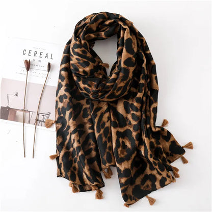 Autumn Winter Leopard Dot Tassel Viscose Shawl Scarf Women Print Neckerchief