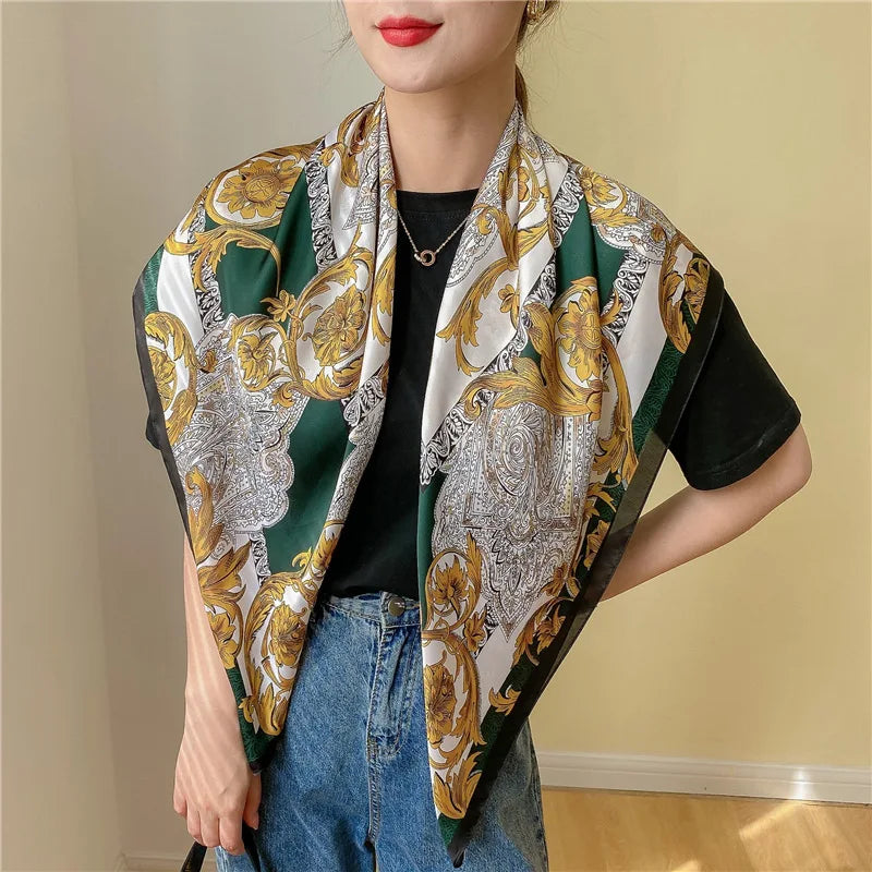 2023 Spain Fashion 90*90cm Square Women Dark Green Leopard Floral Silk Shawl