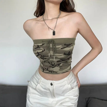 Sexy Women Streetwear Camouflage Tanks Summer Fashion Vest Lace Up Off Shoulder