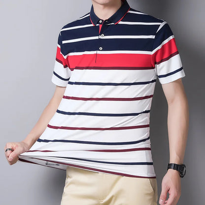 ANSZKTN Summer Men's Stripes  Lapel Short Sleeve T-Shirt Polo Men Shirt