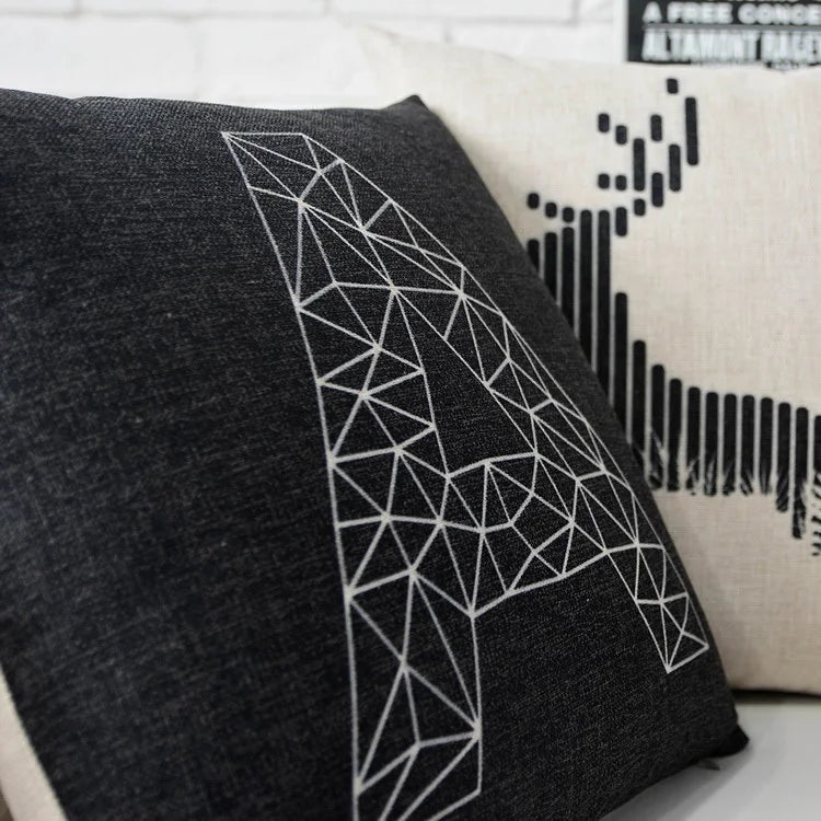 Black White Deer Pillow Nordic Geometric Pillow Cushion Linen  Sofa Cushions