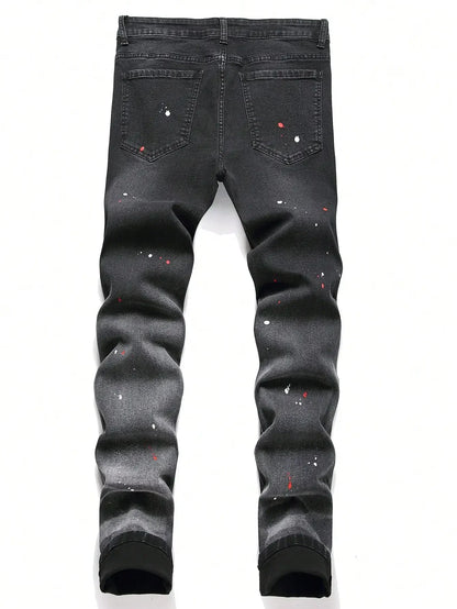 Men Black Skinny Denim Spot Jeans Male Ripped Stretch Fit Jeans Men Slim