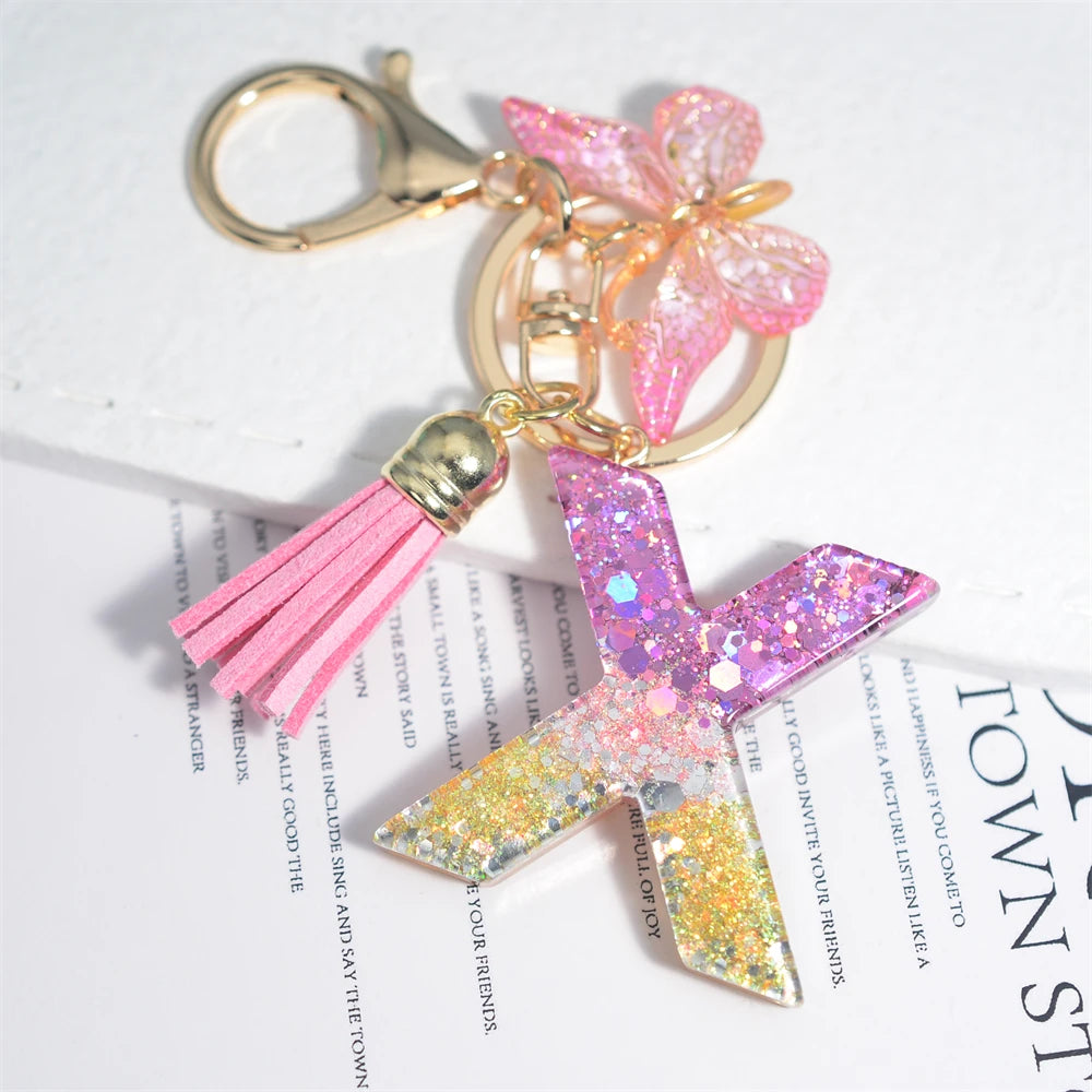 Cute Resin A-Z Initials Letter Keychain Pink Sparkle Butterfly Tassel Pendant