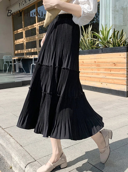 Pleated Skirt Women Vintage Casual Chiffon Shift Long High Waist Skirts