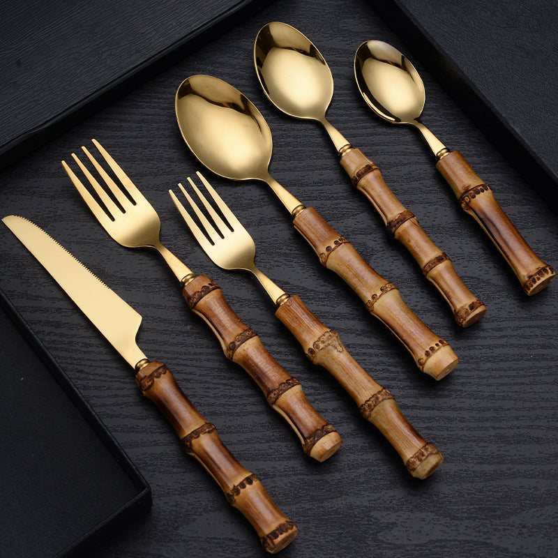 Natural Wooden Handle Spoon Fork Knife Flatware Set 304 Stainless Steel Cutlery