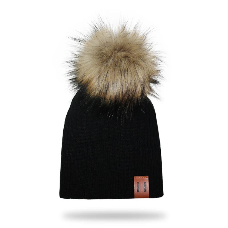 Winter Kids Boy Girl Leather Labled Knitted Artificial Raccoon Pompom Hat