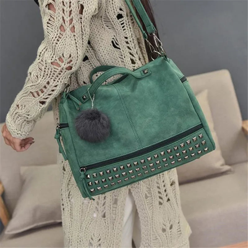 Women Shoulder Bag Vintage Nubuck Leather Ladies Handbag Rivet Large Bags