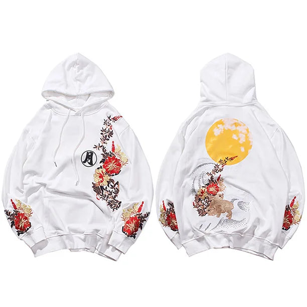 2023 Men Hip Hop Hoodie Sweatshirt Embroidered Floral Full Moon Rabbit Pullover