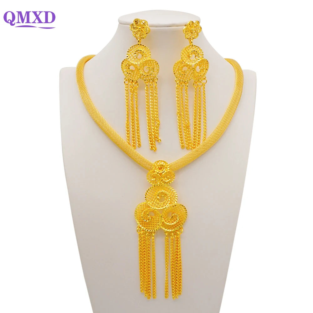 Ethiopian Dubai Gold Color Jewelery Sets for Women Girl Bridal Tassel Flower