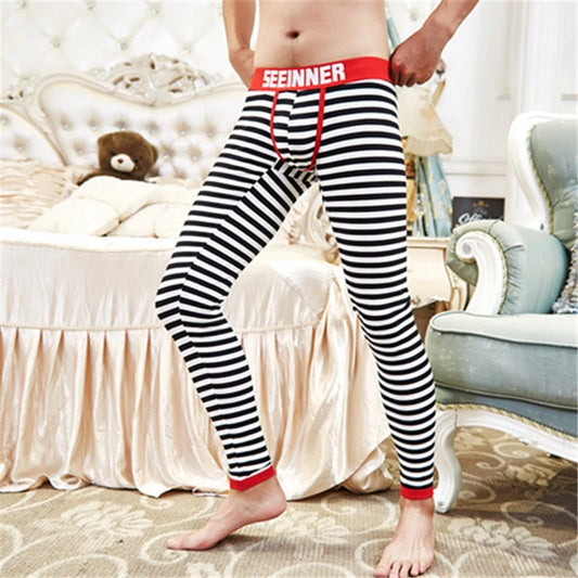 Cotton Men's Thermal Underwear Sexy Strips Fashion Long Johns Pants Sleepwear