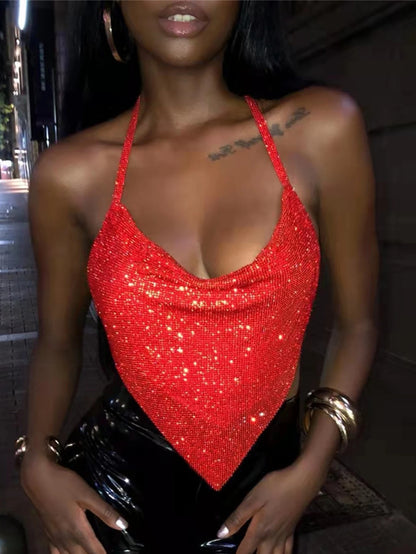 Sexy Y2k Halter Metal Rhinestone Crop Tops Women 2024 Summer Top Bralette