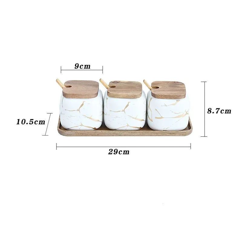 Matte Marble Pattern Ceramic Kitchen Spice Jar Oil Set Wooden Cover Salt Shaker