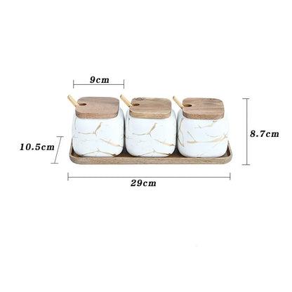 Matte Marble Pattern Ceramic Kitchen Spice Jar Oil Set Wooden Cover Salt Shaker