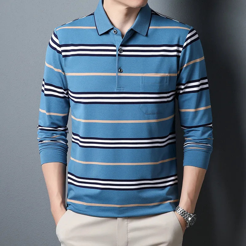 2024 New Arrival Men Striped Polo Shirt Long Sleeve Casual Autumn Clothing