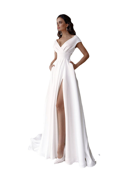 New Arrival 2024 Women White Sexy V-Neck Evening Dresses Womens Tailed Party