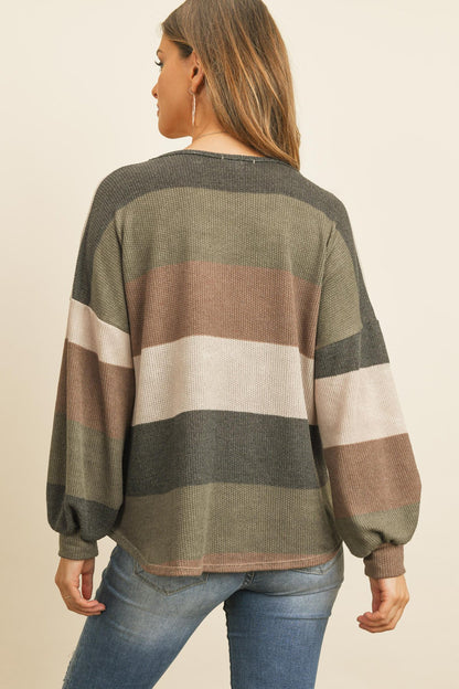 Rib Multicolor Stripes V-Neck Puff Sleeves Top