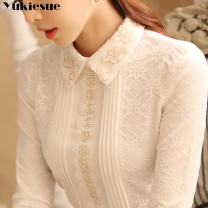 Women Tops White Lace Blouse Shirt Womens Tops and Blouses Long Sleeve