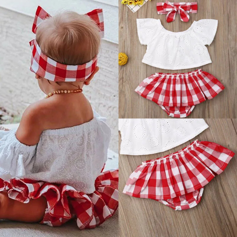 0-24m 3pcs Baby Girls Clothes Set Solid White Off Shoulder Shirt Tops Red Plaid