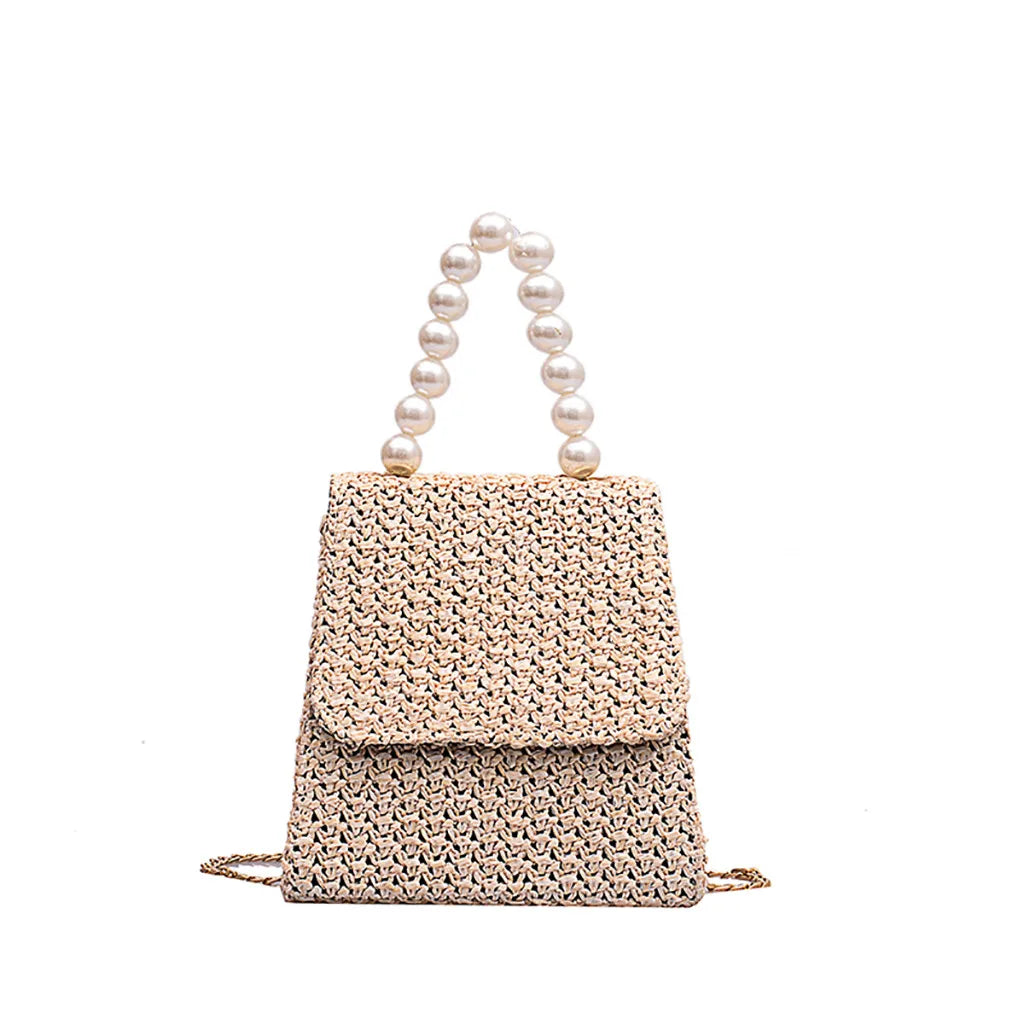 Summer Beach Straw Bag Crossbody Bags for Women 2022 Pearl Woven Rattan Women