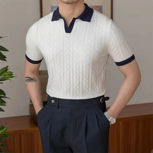 Summer Fashion Men Short Sleeve Slim Polo Shirt Vintage Patchwork Knitted Polos