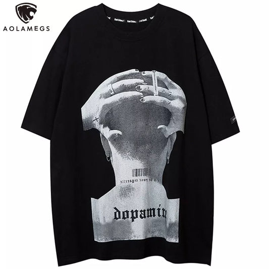 Aolamegs Men's Tee Shirts High Street Cool Boy Printed Oversized T Shirt Men