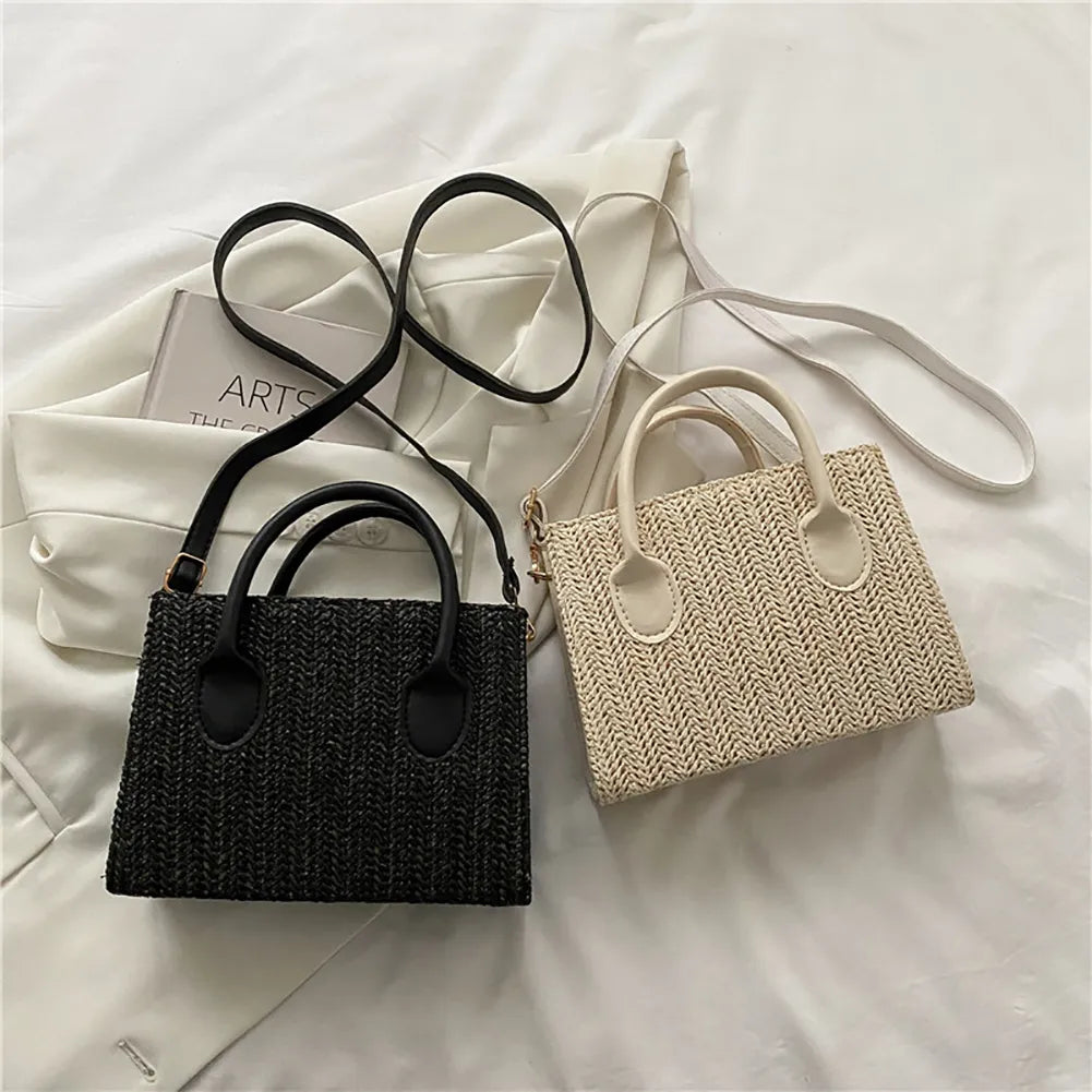 Summer Beach Straw Crossbody Bags Small Top-Handle Bags Handmade Woven Leather