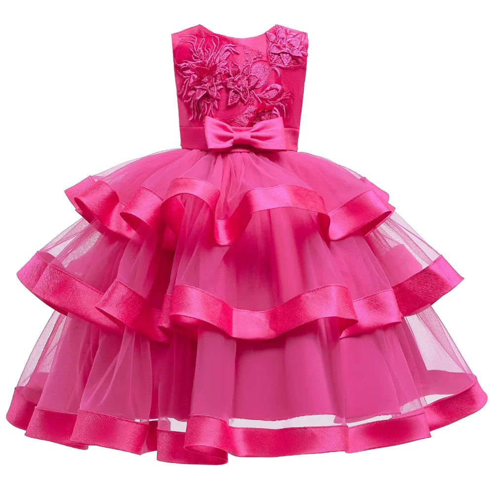 Embroidered Flower Girls Dress Sleeveless Layered Tutu Elegant Girls Dresses