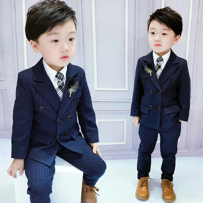 Flower Boys Formal Dress Suit Set Autumn Children Plaid Double Breasted Blazer