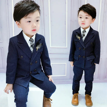 Flower Boys Formal Dress Suit Set Autumn Children Plaid Double Breasted Blazer